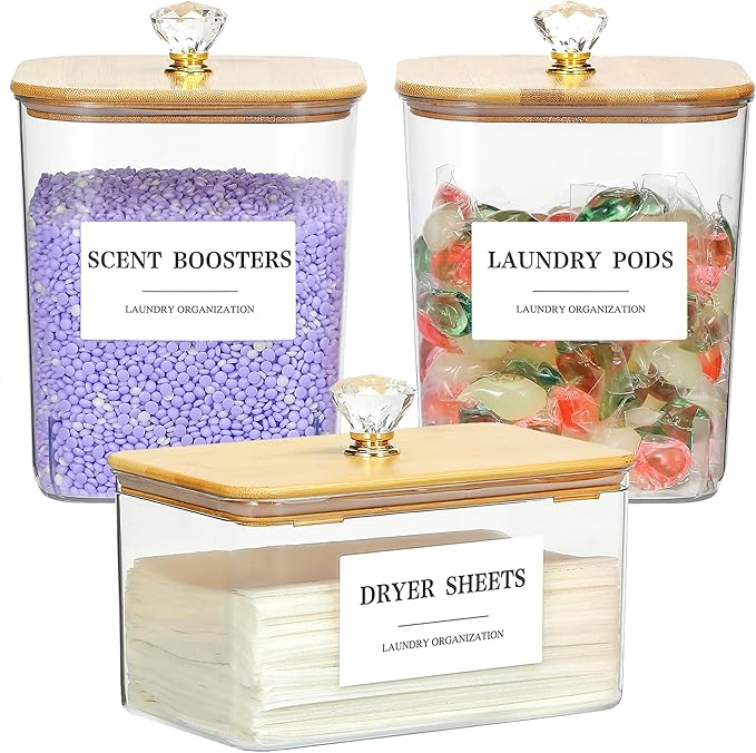 3 Pack Large Laundry Powder Container and Dryer Sheet Holder with Airtight Lid, Clear Plastic Laundry Pods Container for Laundry Room with Scoops, 12 Lables