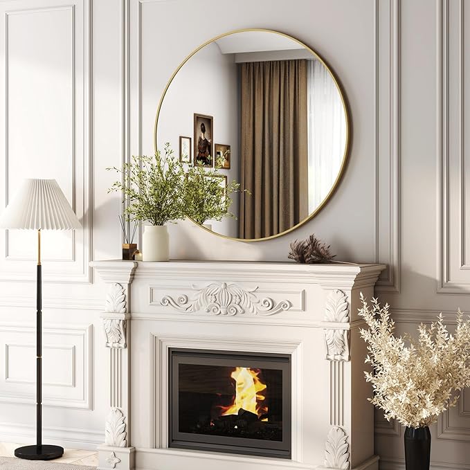 32 Inch Round Bathroom Mirror - Black Wall Mounted Circle Mirror with Metal Frame, Modern Round Hanging Mirror Suitable for Bathroom, Vanity, Entryway, Living Room