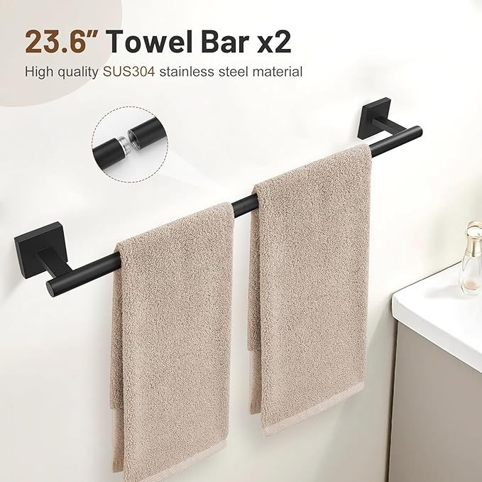 10 Pieces Black Towel Bar Set, 23.6 Inch Bathroom Accessories Set SUS304 Stainless Steel Bathroom Hardware Set Towel Racks for Bathroom Wall Mounted.