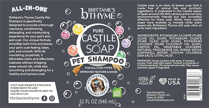 Brittanie's Pure Castile Pet Wash - 32oz 2 Pack | Gentle Shampoo + Conditioner for Dogs, Cats, Horses | Improves Coat | for Allergies and Itching | Deodorizes, Moisturizes & PH Balanced