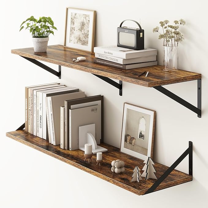 Fun Memories 40 Inch Floating Shelves, 10 Inch Deep Wall Shelf, 40 x 10 Floating Shelf Set of 2, Wood Floating Shelf Wall Mounted, Large Kitchen Living Room Bedroom Storage Shelves, Rustic Brown