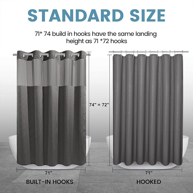 Charcoal Grey No Hook Shower Curtain with Snap in Liner,230GSM Waffle Weave Shower Curtains for Bathroom,71W x 74H