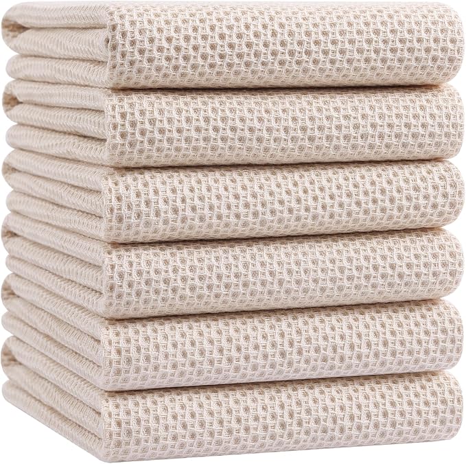 Homaxy 100% Cotton Waffle Weave Kitchen Dish Towels, Ultra Soft Absorbent Quick Drying Cleaning Towel, 20x28 Inches, 6-Pack, Beige