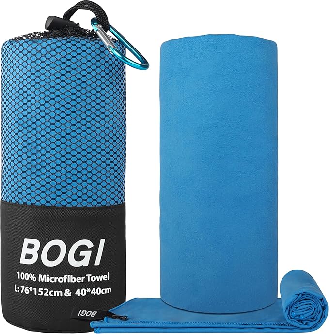 BOGI Microfiber Quick Dry Travel Sports Towel, Blue, 60"x30"+16"x16"