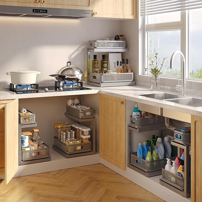 1-Pack Under Sink Storage Organizer with 2-Tier Slide Out Drawer, Sophisticated Mesh Pull Out Shelf for Kitchen & Bathroom, Fits Small Items, Upgraded Arched Track for Smooth Gliding-Gun Gray