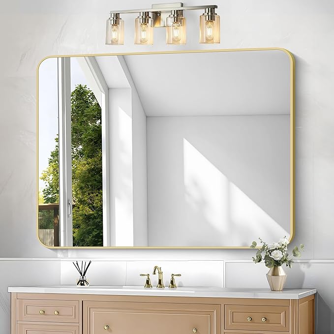 BONEWEI Gold Bathroom Mirror,36x48 inch Wall Mirror for Bathroom Wall Mounted,Round Rectangle Mirror for Bathroom Over Sink,Modern Frame for Home Decor Living Room,Bedroom Entryway,Horizontal/Vertical