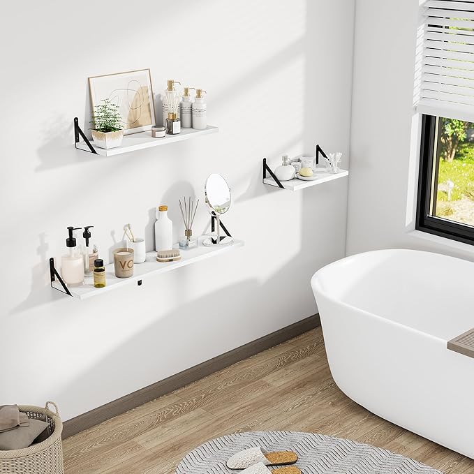 Dreamland White Floating Shelves for Wall, 16W x 8D Wall Mounted Shelves Set of 2, Floating Shelves Bedroom with Sturdy Metal Brackets for Living Room, Bathroom and Kitchen