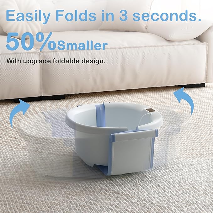 Collapsible Baby Bathtub - Large Baby Bath Tub with Thermometer & Cushion | Travel Portable Newborn Infant Bathtub | Foldable Toddler Bathtub for Baby 0 to 36 Months (Blue)