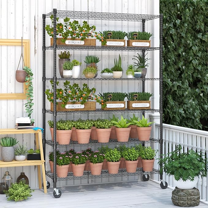 Himimi 82" H Storage Shelves 6 Tier Metal Shelving Adjustable Wire Shelf with Wheels, Heavy Duty Shelving for Garage Kitchen Pantry Bathroom Laundry,18" D*48" W*82" H, Black