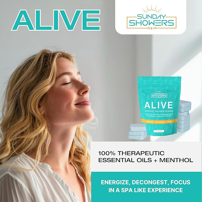 Alive Shower Bombs 10-Pack – Made in USA | Powerful Aromatherapy Steamers with Eucalyptus, Peppermint & Menthol | Energizing Scent for Morning Focus & Breathing Boost | Natural Self Care Gift
