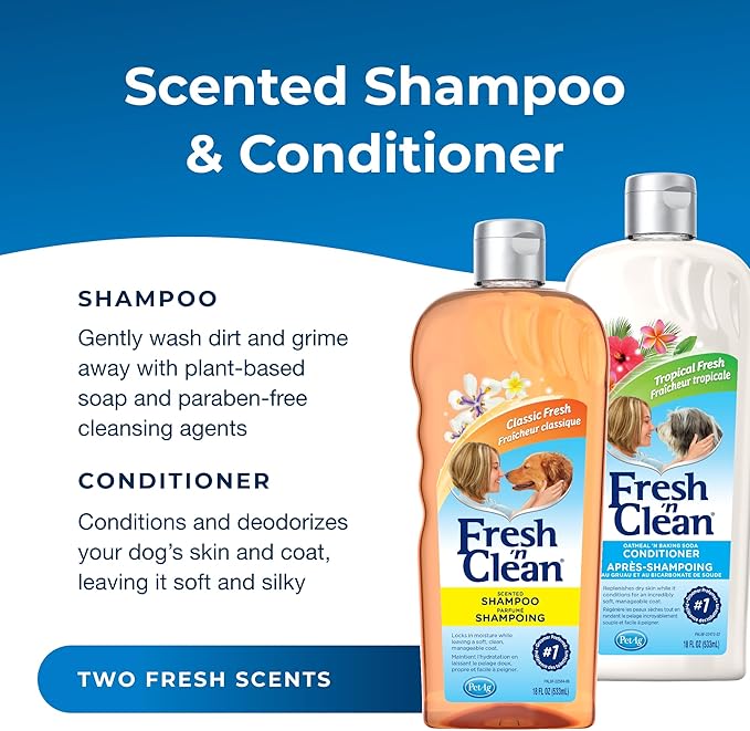 PetAg Fresh ’n Clean Scented Shampoo, Classic Fresh Scent (18 oz) + Oatmeal ’n Baking Soda Conditioner, Tropical Breeze Scent (18 oz)