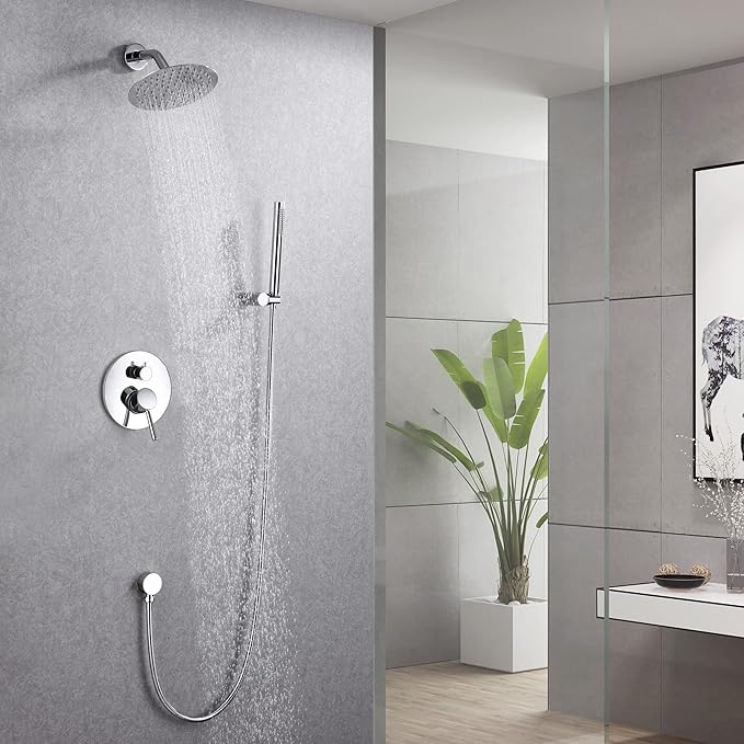 SUMERAIN Rain Shower System, Wall Mounted Bathroom Shower Faucet Set with 8" Shower Head and Brass Hand Shower, Rough in Valve Included