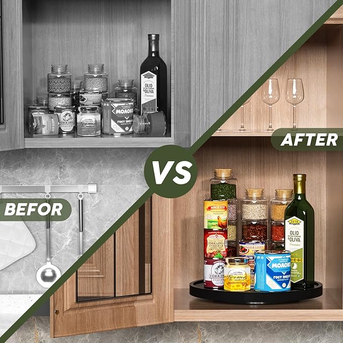 Lazy Susan for Table, 12 Inch Non-Skid Bamboo Turntable Organizer for Salt Pepper Spices and Olive Oil Next to Stove, Wooden Rotating Tray for Kitchen Countertop Organizer Black
