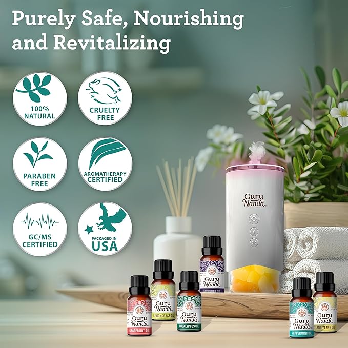 GuruNanda Essential Oils Set for Diffusers, 100% Pure, Aromatherapy, Massage, Candle & Soap Making Lavender, Peppermint, Eucalyptus, Grapefruit, Lemongrass, Ylang Ylang 0.33 Fl Oz (Pack of 6)