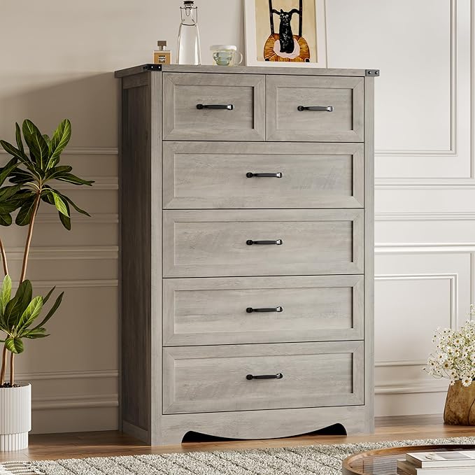 Tall 6-Drawer Dresser for Bedroom, Modern Wooden Chest of Drawers with Metal Handles, Anti-Tipping Design, Sturdy and Stable Storage Organizer for Living Room, Entryway, Home Office