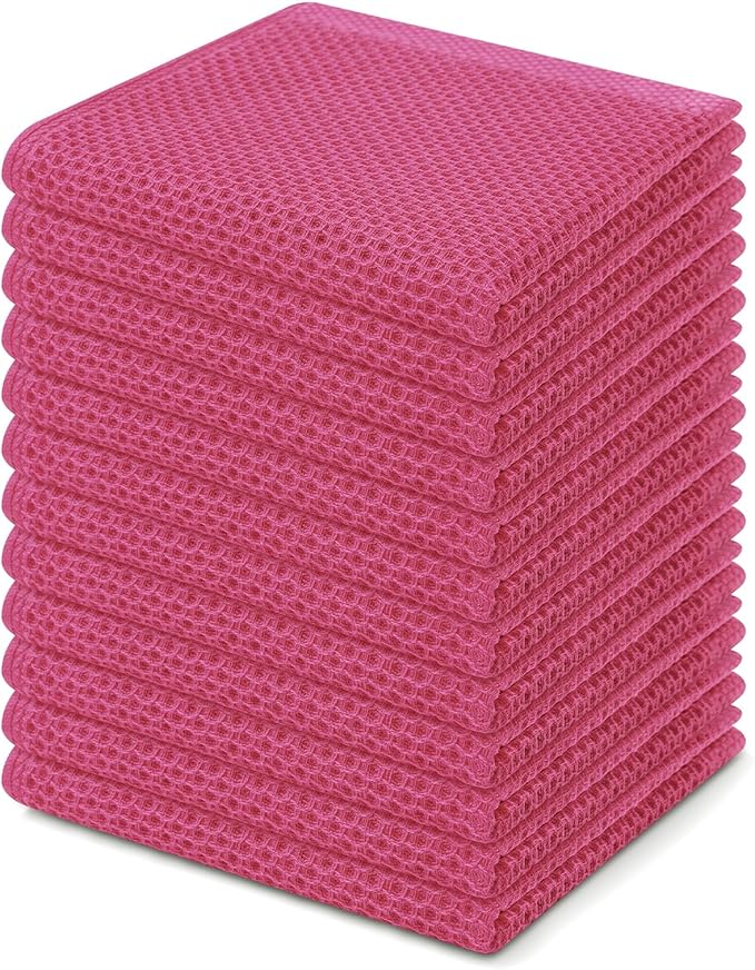 Homaxy 100% Cotton Waffle Weave Kitchen Dish Cloths, Ultra Soft Absorbent Quick Drying Dish Towels, 12 x 12 Inches, 12-Pack, Hot Pink
