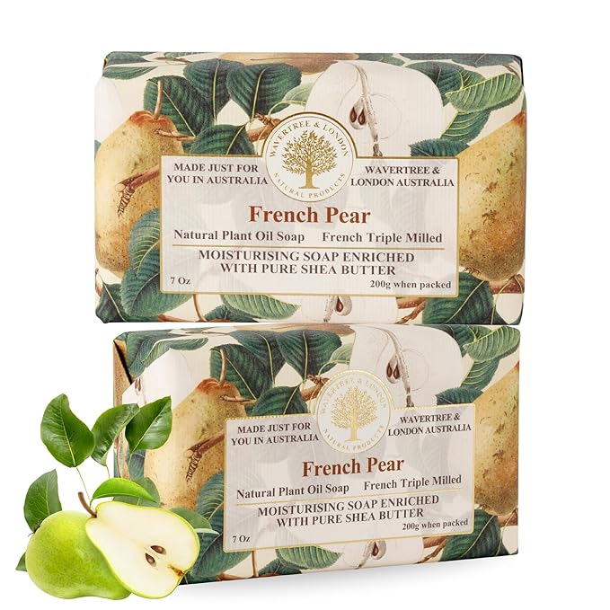Wavertree & London French Pear Scented Natural Soap (2 Bars), 7oz Moisturizing French Triple Milled Soap Bars enriched with shea butter - Pure Plant Based Bath & Body Bars for All Skin Types