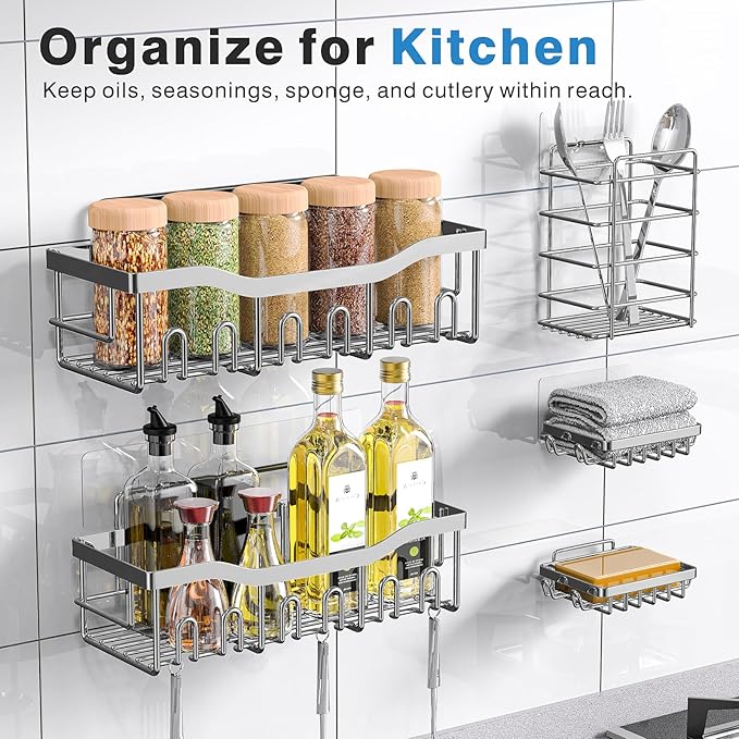 EUDELE 5-Pack Rustproof Stainless Steel Shower Caddy – No Drill Adhesive Bathroom Organizer with Large Capacity, Spacious Shower Shelves for Inside Shower, Kitchen & Home Decor Storage-XL Size