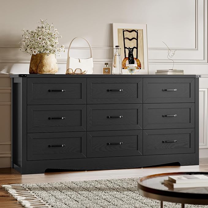 9-Drawer Dresser for Bedroom, Modern Wooden Chest of Drawers with Metal Handles, Anti-Tipping Design, Sturdy and Stable Storage Organizer for Living Room, Entryway, Home Office