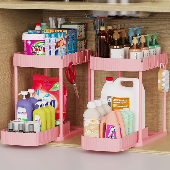 2 Pack Multi-Purpose Pull-Out Storage Organizers, Under Sink Organizers and Storage for Bathroom & Kitchen, Under Cabinet Organizers and storage, 14.8 Inch, Pink