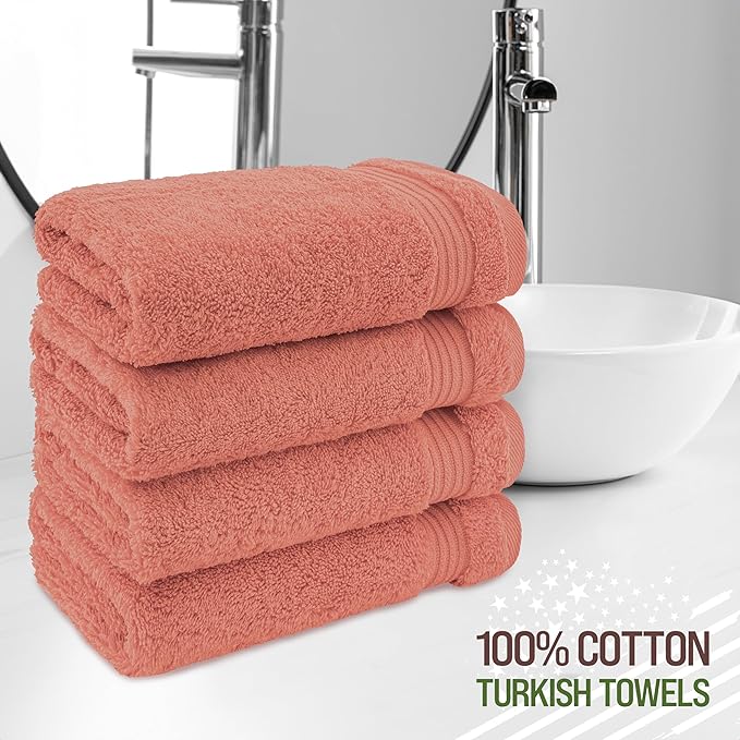American Veteran Towel, Hand Towels for Bathroom Set of 4, 100% Cotton Turkish Hand Towel Sets, Soft Hand Face Towels, Coral Hand Towels