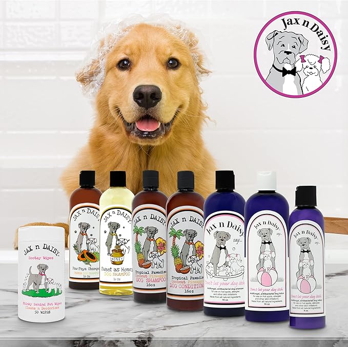 Jax n Daisy Soothing Dog Shampoo for Sensitive Skin Allergies and Itching Jumbo Pack with 16oz Shampoo and Lotion for Dry Skin Soothing and Smell Eliminating Dog 2 Packs