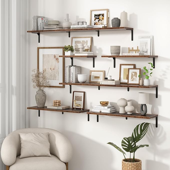 Fun Memories Deep Floating Shelves, 36W x 8D Floating Shelves Set of 2, Wall Mounted Shelf with Metal Brackets, Rustic Wood Wall Shelf for Bathroom, Kitchen and Living Room, Rustic Brown