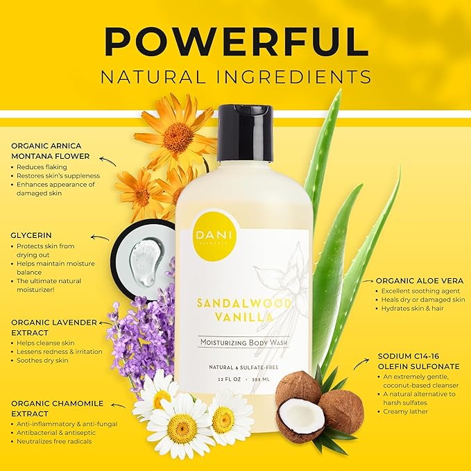 DANI Naturals Body Wash - Warm Sandalwood Vanilla Scent with Organic Aloe Vera & Natural Glycerin - Sulfate & Paraben-Free Shower Gel - For Men & Women - 12 oz - Vegan & Cruelty-Free