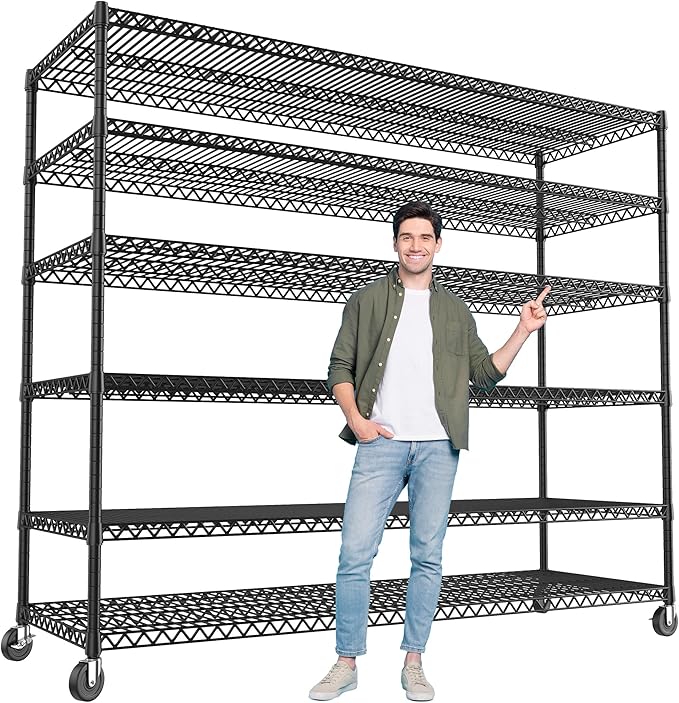REIBII 82.6" H*60''W*17.7" D Steel Heavy Duty Wire Shelving with Wheels, 6-Tier Adjustable Storage Shelves 3598LBS Commercial Metal Shelves for Pantry, Garage, College Dorm School Industrial Shelving