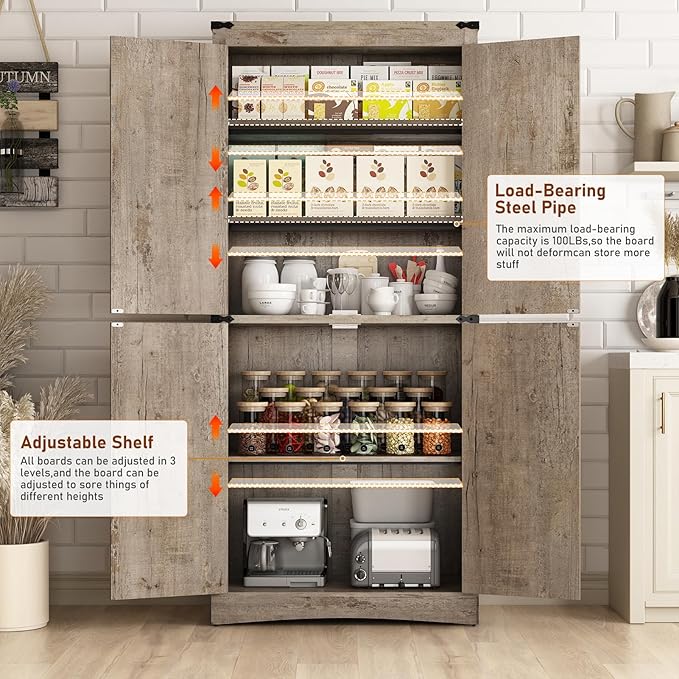 71" Tall Kitchen Pantry,Farmhouse Storage Cabinet with Adjustable Shelves,Load-Bearing Steel Pipe,Farmhouse Pantry Cabinet with 4 Barn Doors,for Kitchen,Dining Room,Living Room(Light Rustic Oak)
