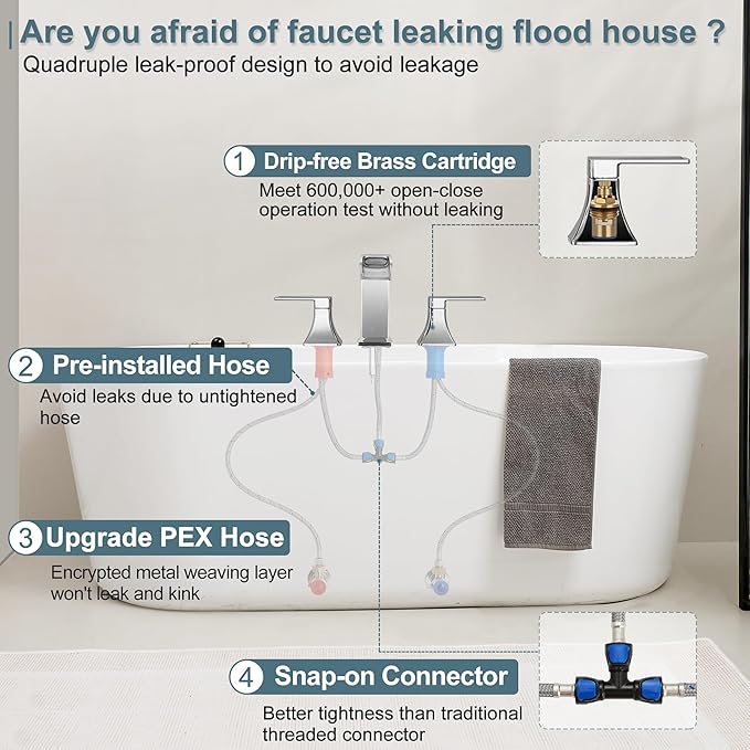 Brass Roman Tub Faucets, High Flow Waterfall Deck Mount Bathtub Faucet Set, Widespread 3 Hole with Dual Handles & Pre-Installed Hose, Modern Style Suit Soaking Tub, Chrome