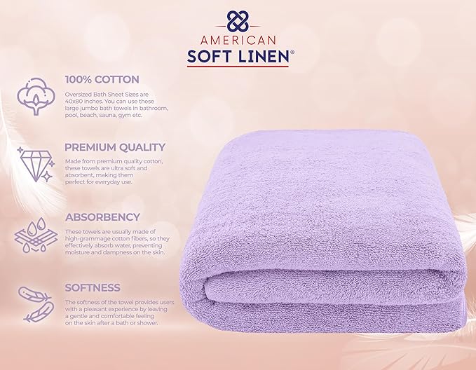 American Soft Linen Oversized Bath Sheet 40x80 Extra Large for Bathroom, 600 GSM 100% Cotton Turkish Jumbo Bathsheet Towels for Adults, Lilac Bath Sheet