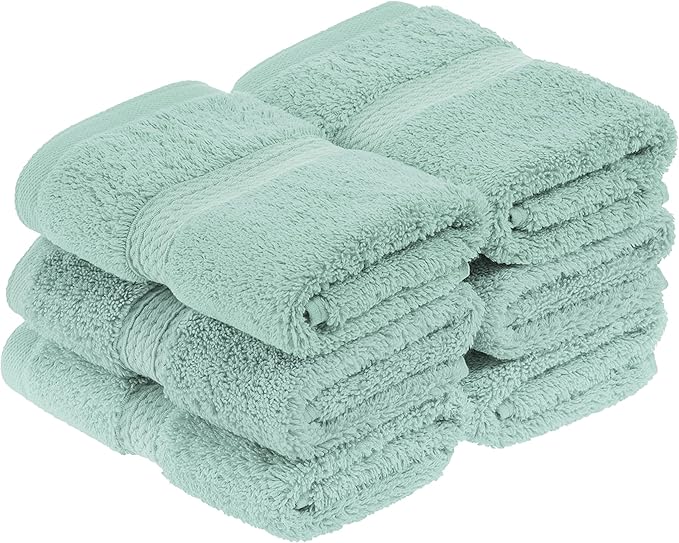Superior Egyptian Cotton Pile Face Towel/Washcloth Set of 6, Ultra Soft Luxury Towels, Thick Plush Essentials, Absorbent Heavyweight, Guest Bath, Hotel, Spa, Home Bathroom, Shower Basics, Sea Foam