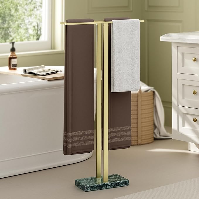 KES Standing Towel Rack with Green Natural Marble Base, 37" Equal-Height Bath Towel Holder Stand for Bathroom Floor, Fits Large Bath Towel, 18/8 Stainless Steel Brushed Gold, BTH229-GBZ