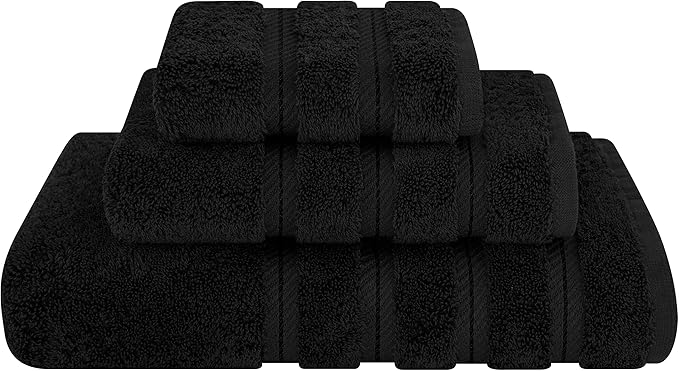 American Soft Linen Premium 3 Piece Towel Set, 1 Bath Towel 1 Hand Towel 1 Washcloth, 600 GSM 100% Cotton Turkish Towels for Bathroom, Black Towel Set
