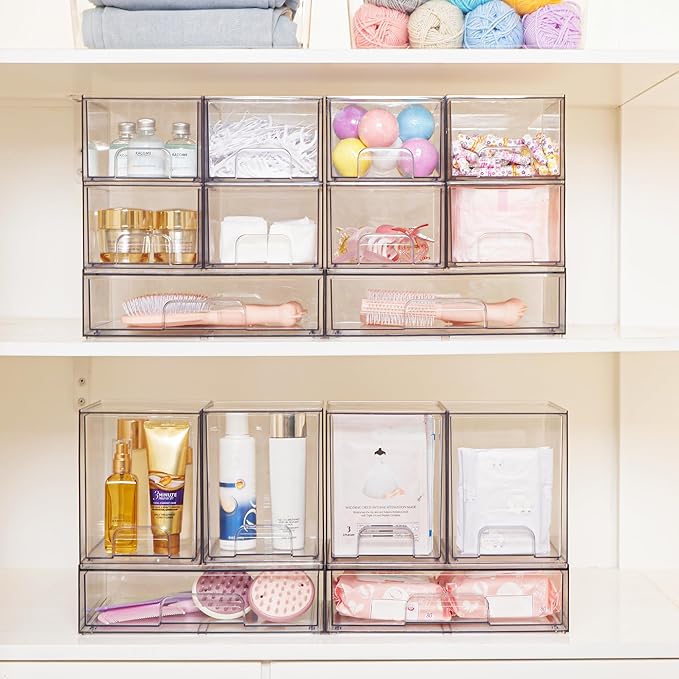 Vtopmart 7.6" H Clear Stackable Storage Drawers, 2 Pack Plastic Organizers Bins for Skincare, Cosmetics,Beauty Supplies,Ideal for Vanity, Bathroom,Kitchen Countertop,Cabinet Organization