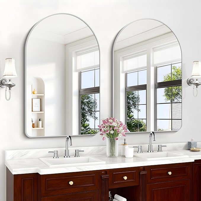 Arched Bathroom Mirror, 30"x48" Silver Arched Mirror for Bathroom, Wall Mounted Mirror, Silver Vanity Wall Mirror w/Metal Frame for Bedroom, Entryway, Living Room, Hanging or Leaning Against