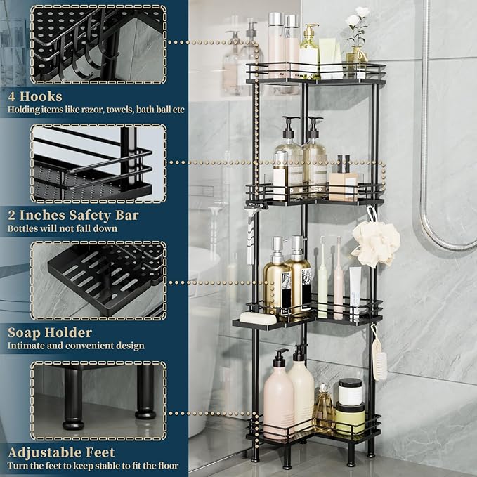 Consumest Corner Shower Caddy Standing - 4-Tier Stainless Steel Shower Organizer with Soap Holder and 4 Hooks, Large Capacity Corner Shelf Stand for Bathroom, Rest Room, Black