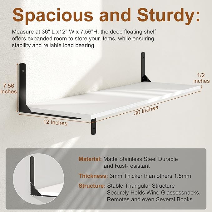 36 Inch White Floating Shelves Wall Mounted, 12 Inch Deep Wall Shelves with Visible Brackets, Deep Bookshelf for Home, Rustic Bathroom Shelf, Deep Shelves for Plant, Books, Set of 2