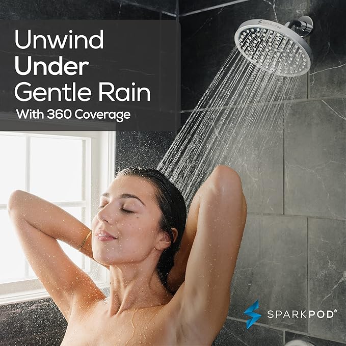 SparkPod Shower Head - High Pressure Rain - Premium Quality Luxury Design - 1-Min Install - Easy Clean Adjustable Replacement for Your Bathroom Shower Heads (Luxury Polished Chrome, 8 Inch Round)