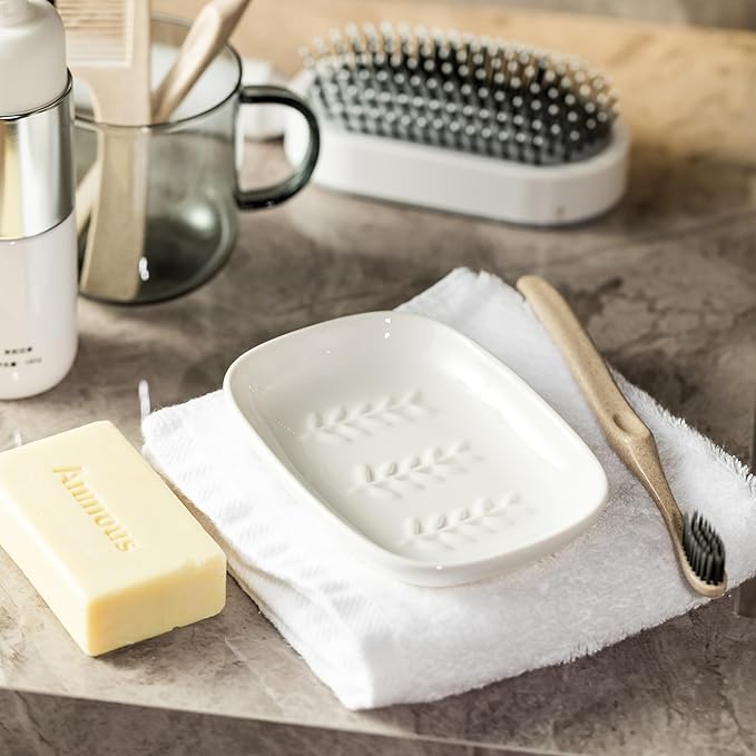Soap Dish Soap Holder Shower, Ceramic Soap Dishes for Bar Soap Sponge, Shower Soap Dish Soap Saver Tray for Bathroom Kitchen Sink, Easy to Clean, White