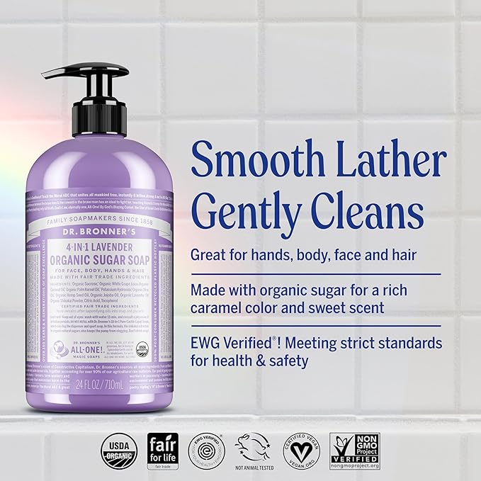 Dr. Bronner's - Organic Sugar Soap (Lavender, 24 Ounce) - Made with Organic Oils, Sugar and Shikakai Powder, 4-in-1 Uses: Hands, Body, Face and Hair, Cleanses, Moisturizes and Nourishes, Vegan