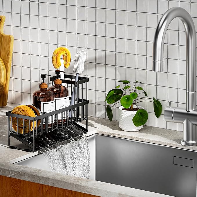 Cisily Extra Large Kitchen Sink Caddy Organzier with High Brush Holder, Sponge Holder for Sink, 304 Rustproof Stainless, Kitchen Countertop Soap Dispenser Organizer For Decor and Accessories