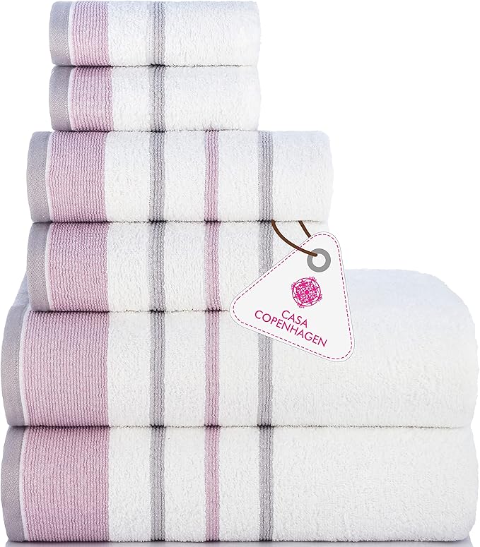 CASA COPENHAGEN White Bay, 6 Pieces Towel Set- White with Lavender and Grey Violet Border, 600 GSM, 2Bath, 2Hand, 2Washcloths Egyptian Cotton Towel for Hotel Spa Kitchen Bathroom Kitchen & Shower
