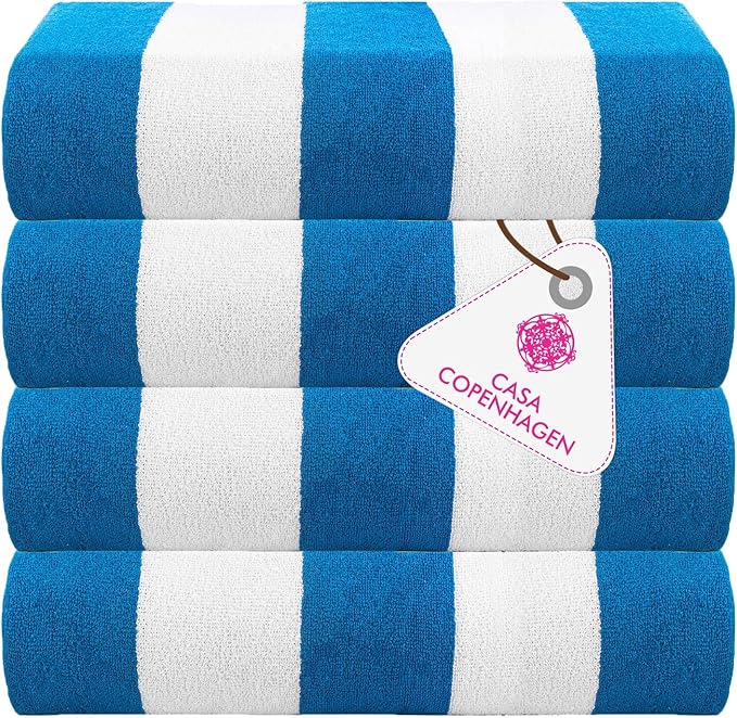 CASA COPENHAGEN Cabana Beach Designed in Denmark Rough and Tough, Quick Dry, Pool, Bath & Shower 30x60 inches 4 Pieces Cotton Beach Bath Towels Set - Turquoise