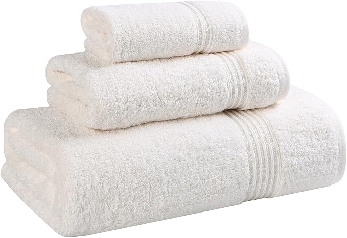 Superior Egyptian Cotton 3-Piece Towel Set, Basic Towels For Bathroom, Home Decor, Guest Bath, Shower, Apartment, Included 1 Face, 1 Hand, 1 Bath Towel, Washcloth, Quick Dry, Ivory