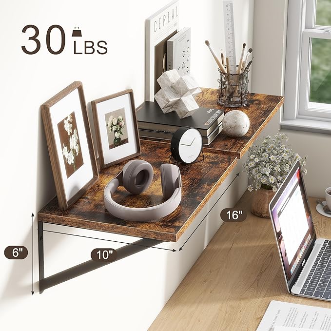 10 Inch Deep Floating Shelves, Floating Shelf 16 Inch Long, 16"W x 10"D Wall Shelves Set of 2, Deep Shelf for Books, Wide Floating Shelves for Bahtoom, Living Room, Kitchen, Rustic Brown