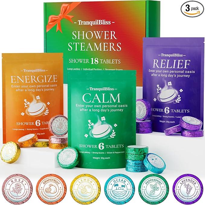 TranquilBliss 18 Pack Shower Steamers with 6 Smoothing Long-Lasting Scents, Shower Bath Bombs with Natural Fragrance, Self-Care and Relaxation Presents for Women and Men