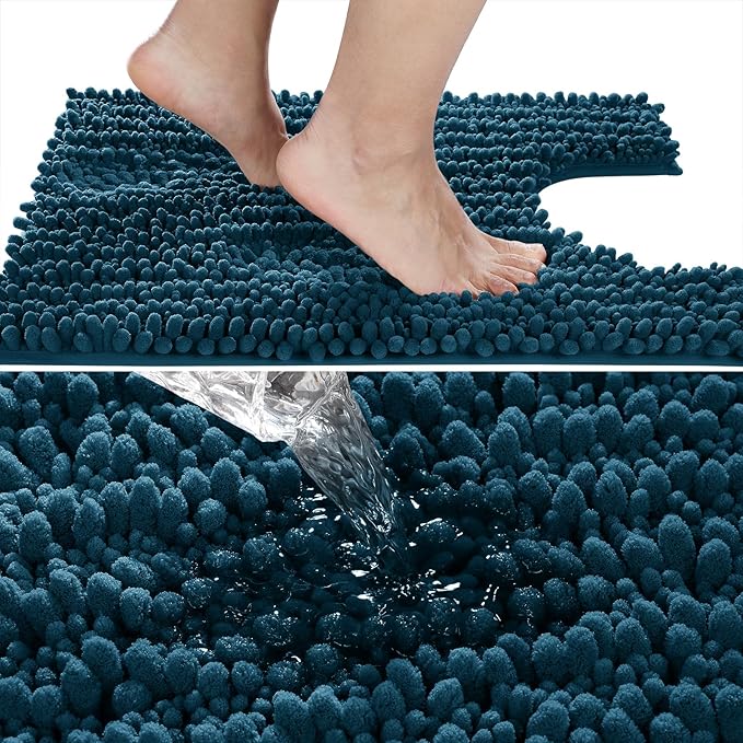Yimobra Toilet Rug U Shaped Washable 24x20 Inch - Ultra Soft Absorbent Chenille Bath Rugs for Toilet, Quick Dry & Machine Washable, Non Slip Contour Bathroom Mat, Peacock Blue