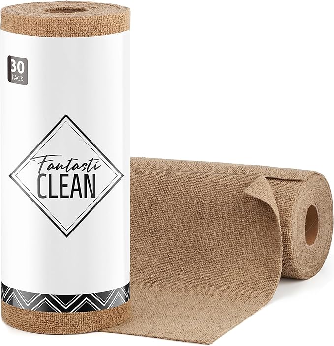 Fantasticlean Microfiber Cleaning Cloth Roll -30 Pack, Tear Away Microfiber Towels, 12" x 12", Reusable, Washable, Scratch Free, Ultra Absorbent Dishcloth for Car, Home Supplies, Pet, Kitchen (TAN)